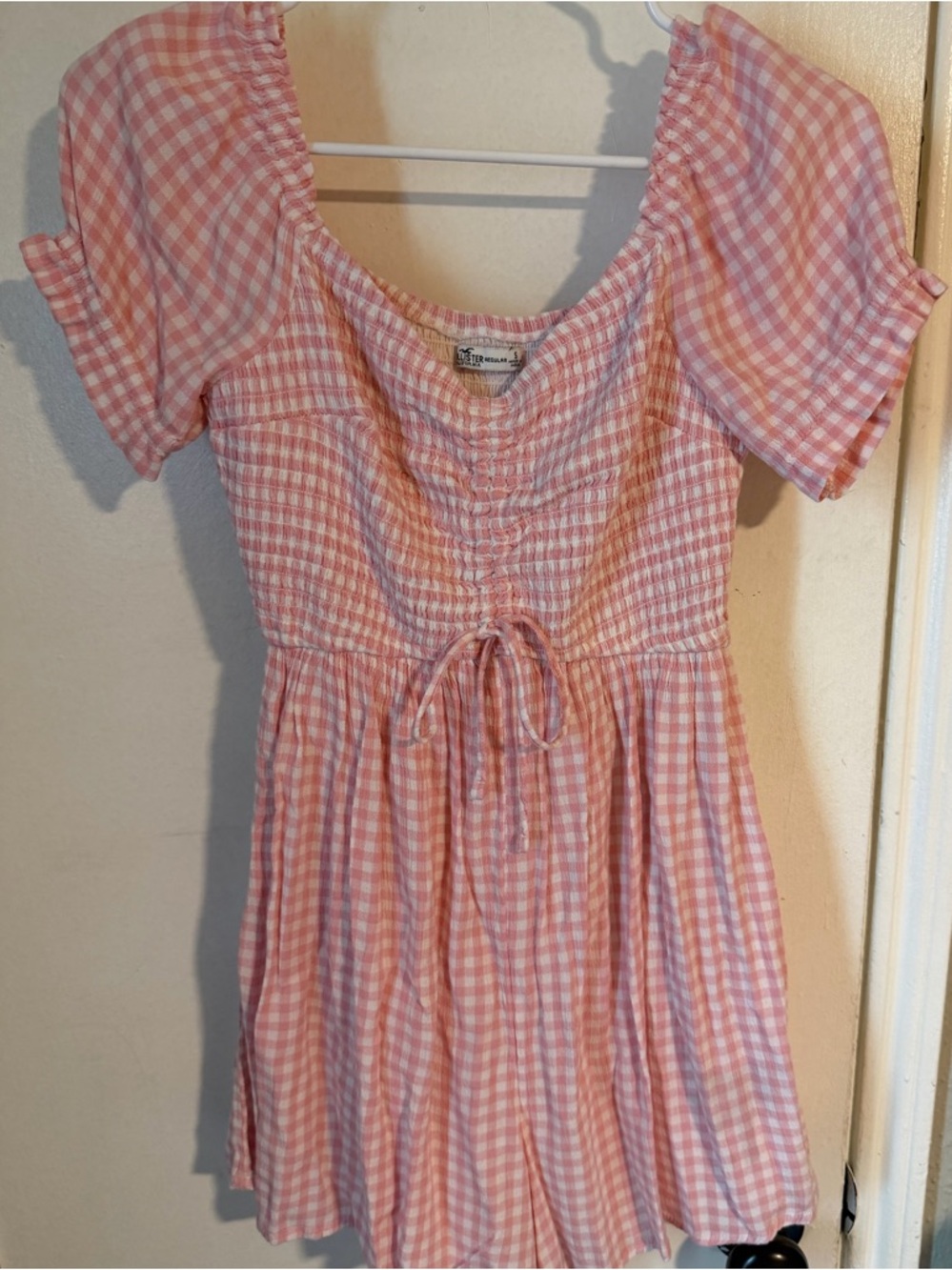 Pink Gingham Tie-Waist romper hollister